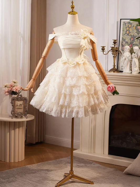 Champagne Lace Layer Knee Length Prom Dress Off the Shoulder Evening Party Dress
