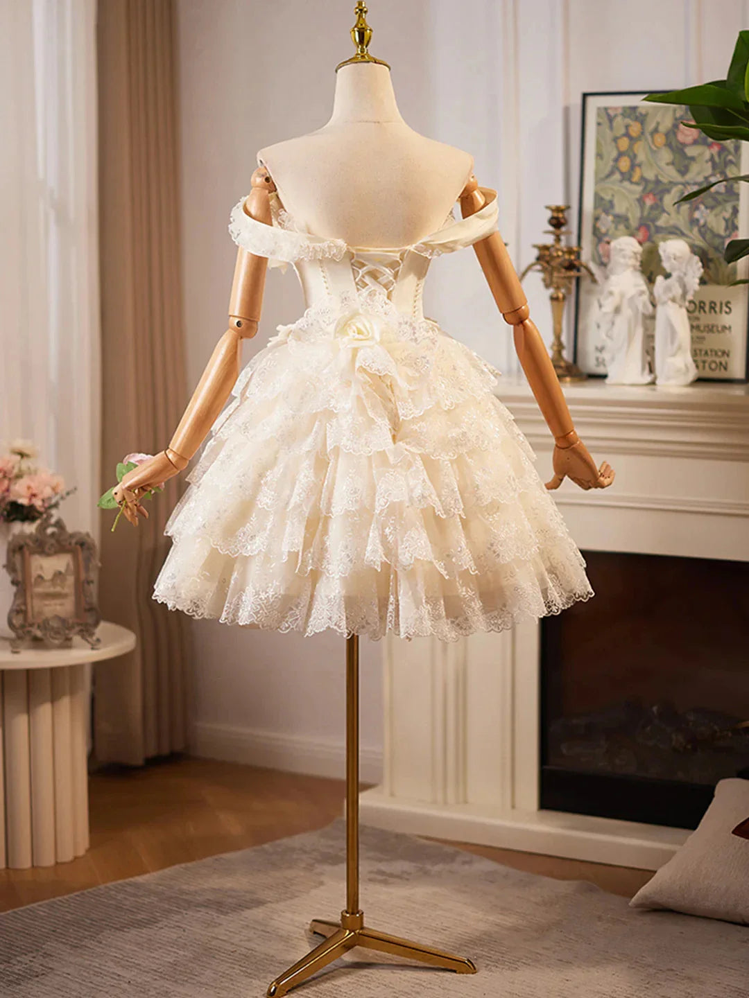 Champagne Lace Layer Knee Length Prom Dress Off the Shoulder Evening Party Dress