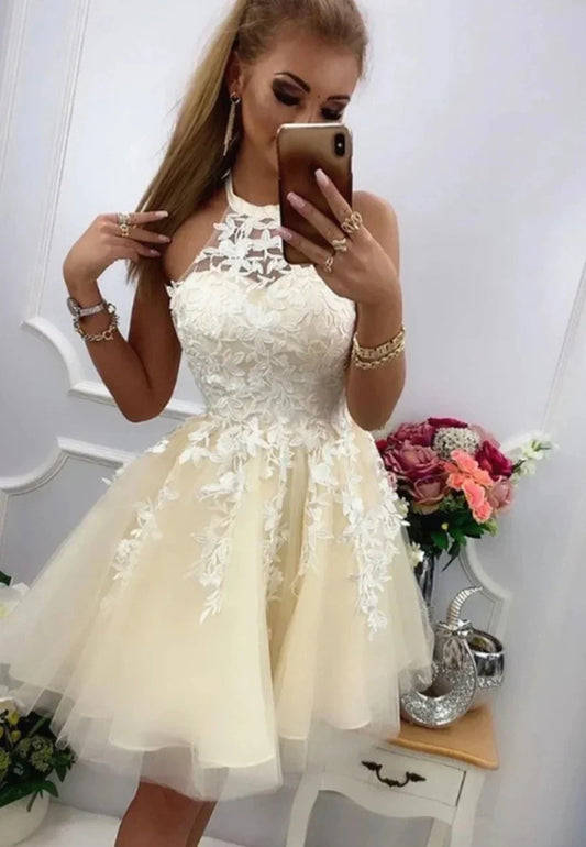 Champagne Lace Short Prom Dresses A-Line Homecoming Dresses