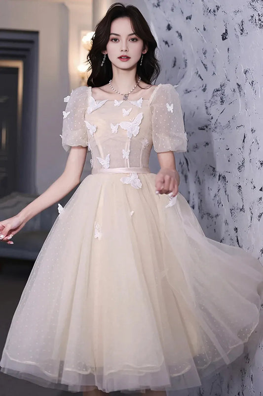 Champagne Lace Short Prom Dresses, A-Line Homecoming Dresses