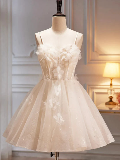 Champagne Spaghetti Strap Party Dress Cute A-Line Evening Dress Homecoming Dress