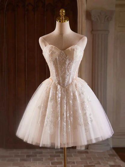 Champagne Strapless Tulle Sequins Short Prom Dress Lovely Sweetheart Homecoming Party Dress