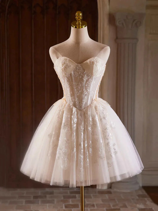 Champagne Strapless Tulle Sequins Short Prom Dress Lovely Sweetheart Homecoming Party Dress