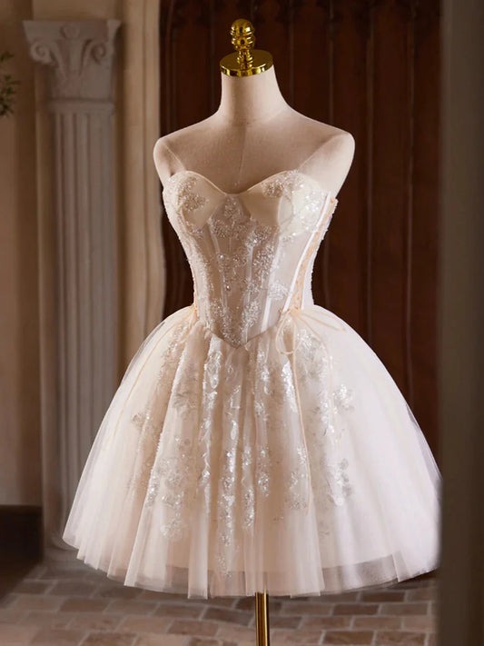 Champagne Strapless Tulle Sequins Short Prom Dress Lovely Sweetheart Homecoming Party Dress