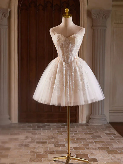 Champagne Strapless Tulle Sequins Short Prom Dress Lovely Sweetheart Homecoming Party Dress