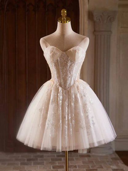Champagne Strapless Tulle Sequins Short Prom Dress Lovely Sweetheart Homecoming Party Dress