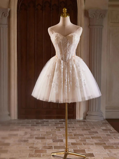 Champagne Strapless Tulle Sequins Short Prom Dress Lovely Sweetheart Homecoming Party Dress