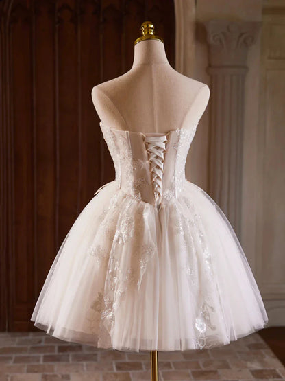 Champagne Strapless Tulle Sequins Short Prom Dress Lovely Sweetheart Homecoming Party Dress