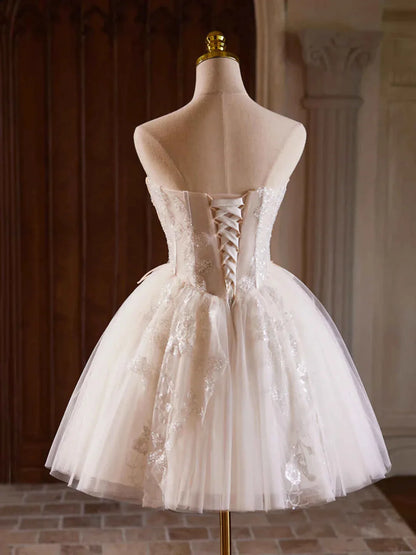 Champagne Strapless Tulle Sequins Short Prom Dress Lovely Sweetheart Homecoming Party Dress