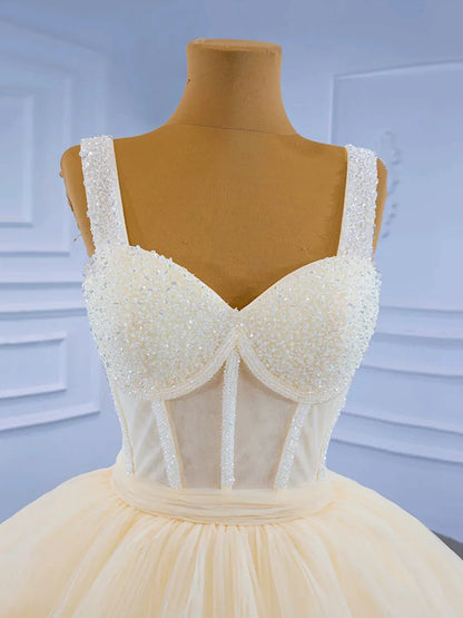 Champagne Tea Length Tulle Beaded Party Dress Charming A-line Evening Graduation Dress