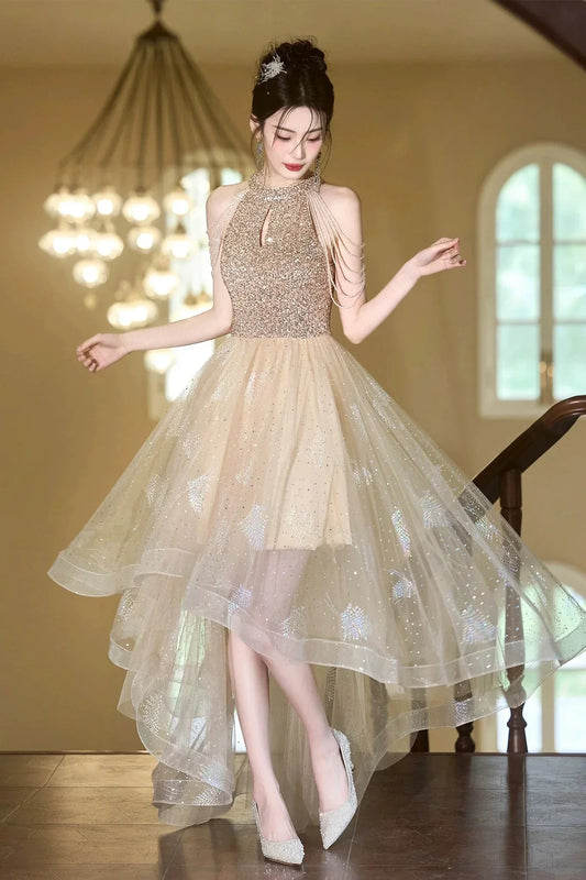 Champagne Tulle Beads Short Prom Dress Lovely A-Line Hight Low Party Dress