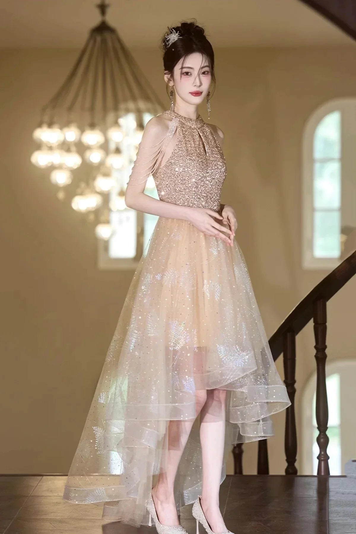Champagne Tulle Beads Short Prom Dress Lovely A-Line Hight Low Party Dress