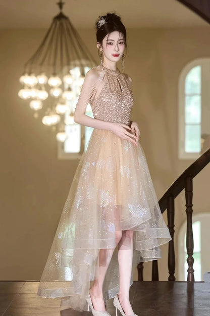 Champagne Tulle Beads Short Prom Dress Lovely A-Line Hight Low Party Dress
