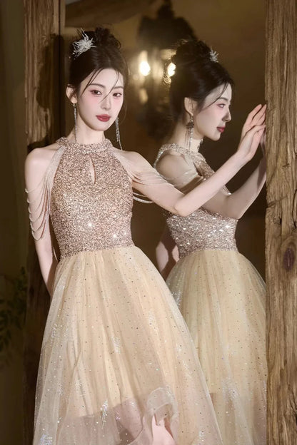 Champagne Tulle Beads Short Prom Dress Lovely A-Line Hight Low Party Dress