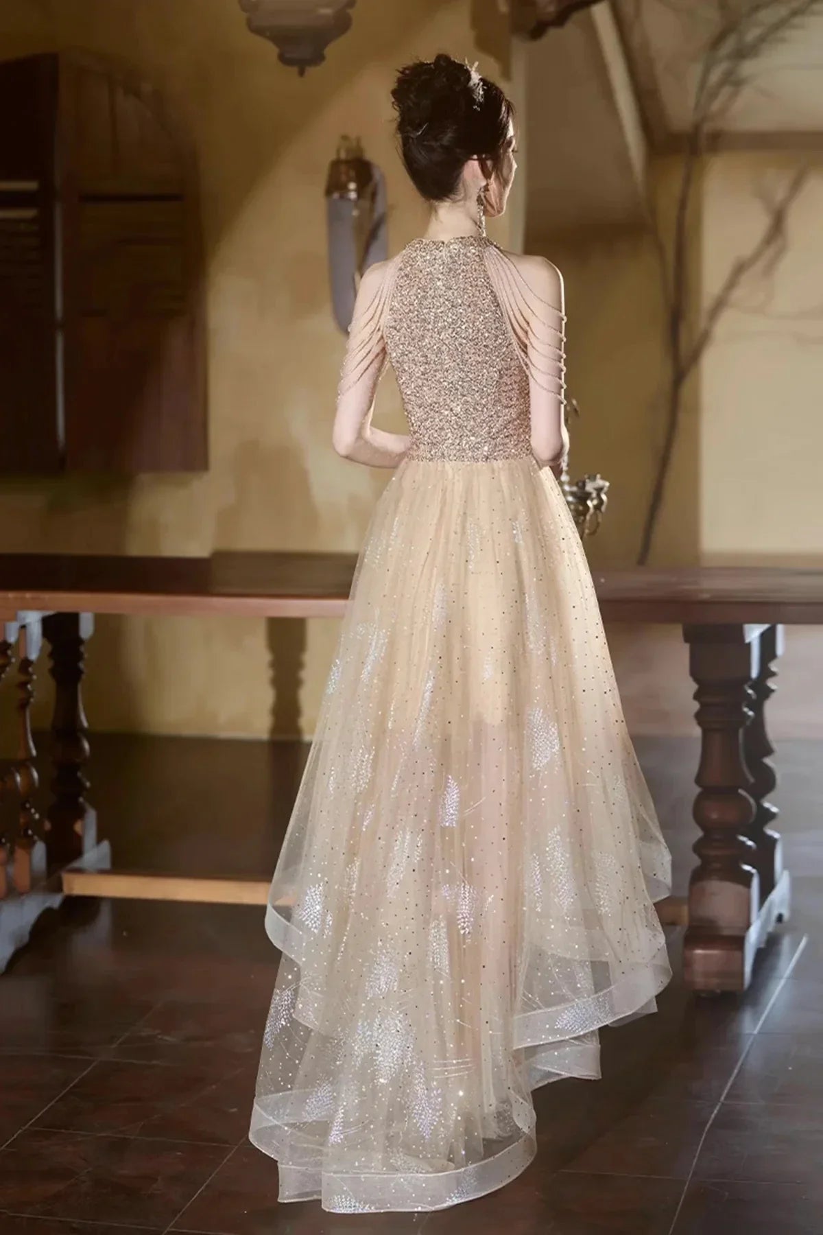 Champagne Tulle Beads Short Prom Dress Lovely A-Line Hight Low Party Dress