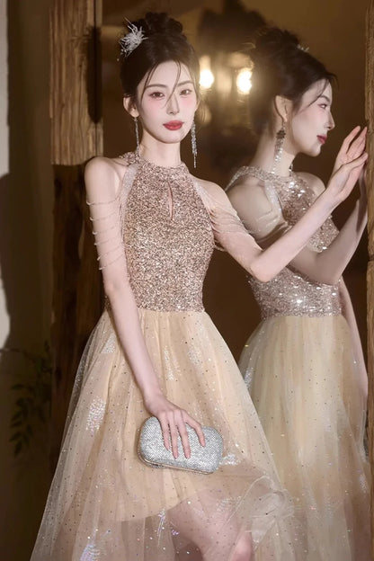 Champagne Tulle Beads Short Prom Dress Lovely A-Line Hight Low Party Dress