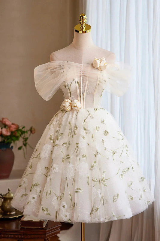 Champagne Tulle Floral Short Prom Dress Beautiful A-Line Evening Party Dress