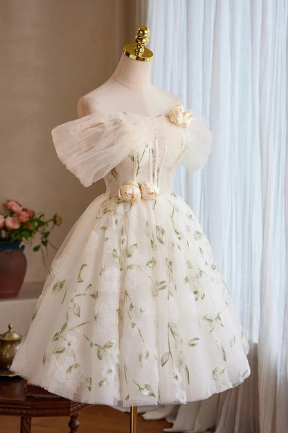 Champagne Tulle Floral Short Prom Dress Beautiful A-Line Evening Party Dress