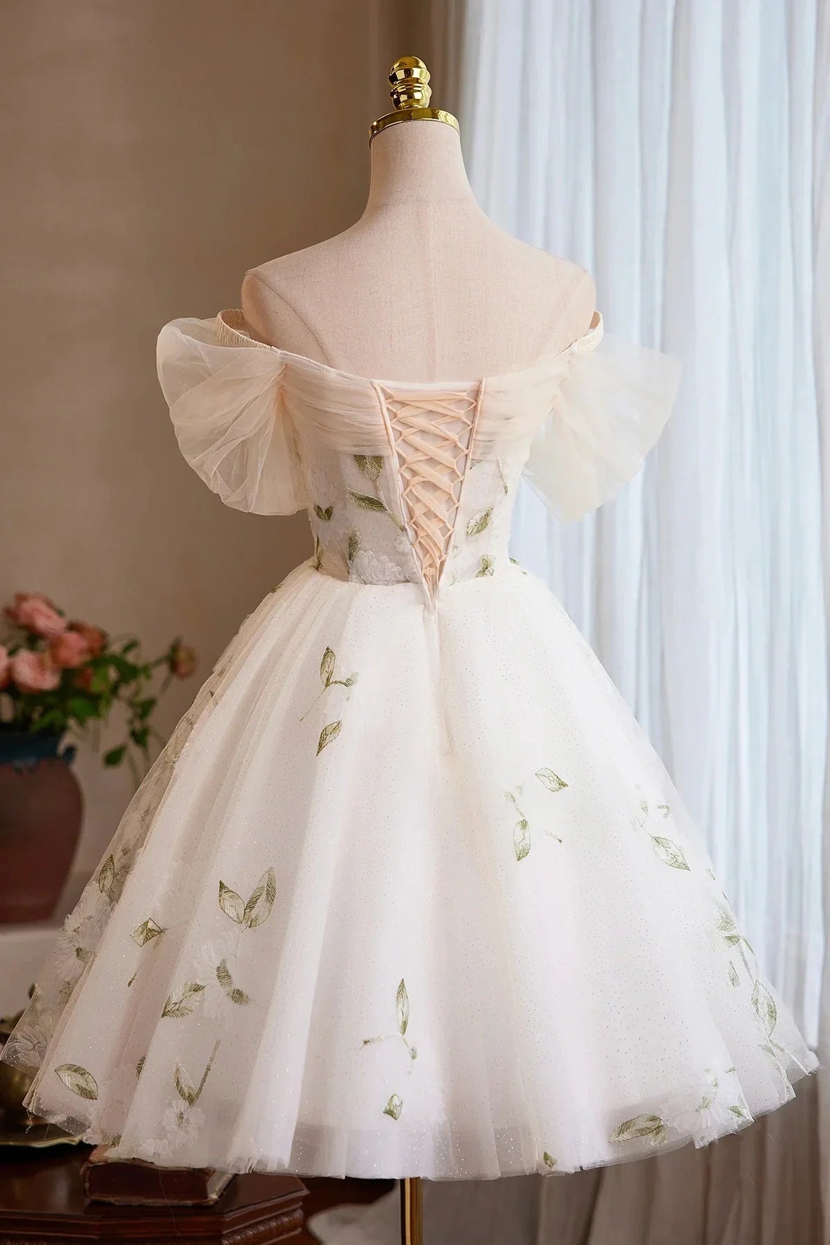 Champagne Tulle Floral Short Prom Dress Beautiful A-Line Evening Party Dress