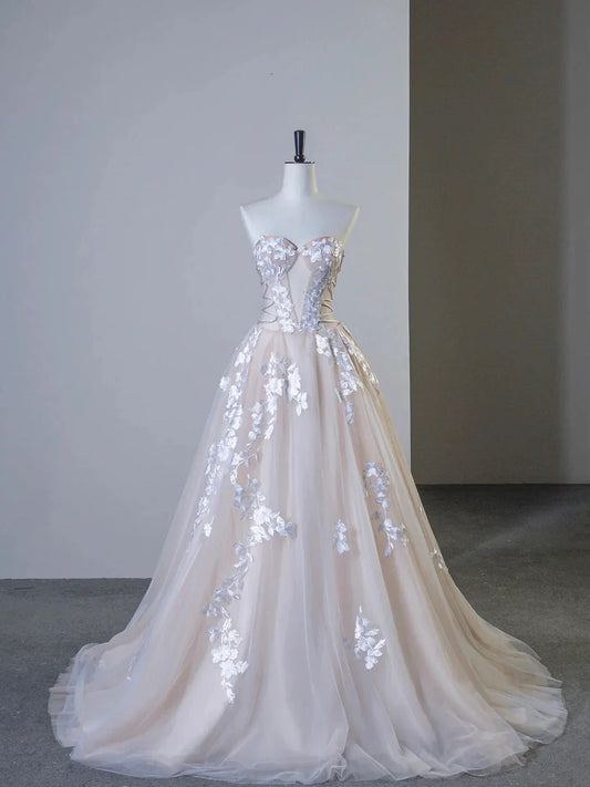 Champagne Tulle Lace Long Prom Dress Elegant Strapless A-Line Formal Evening Dress