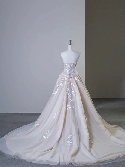 Champagne Tulle Lace Long Prom Dress Elegant Strapless A-Line Formal Evening Dress
