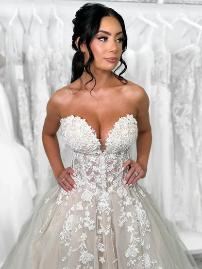 Champagne Tulle Lace Long Prom Dress, Elegant Strapless Formal Party Dress