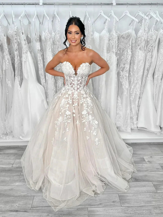 Champagne Tulle Lace Long Prom Dress, Elegant Strapless Formal Party Dress