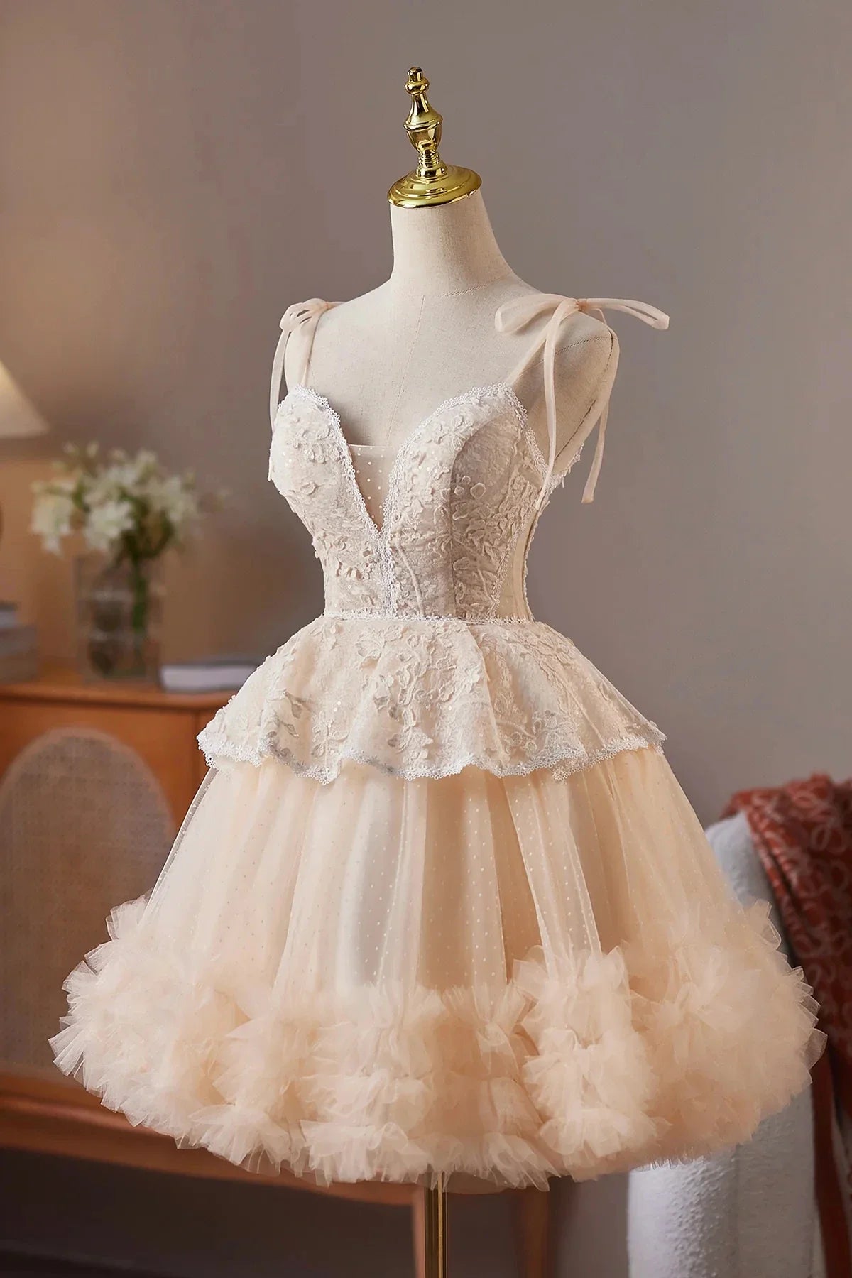 Champagne Tulle Lace Short Prom Dress Lovely A-Line Party Dress
