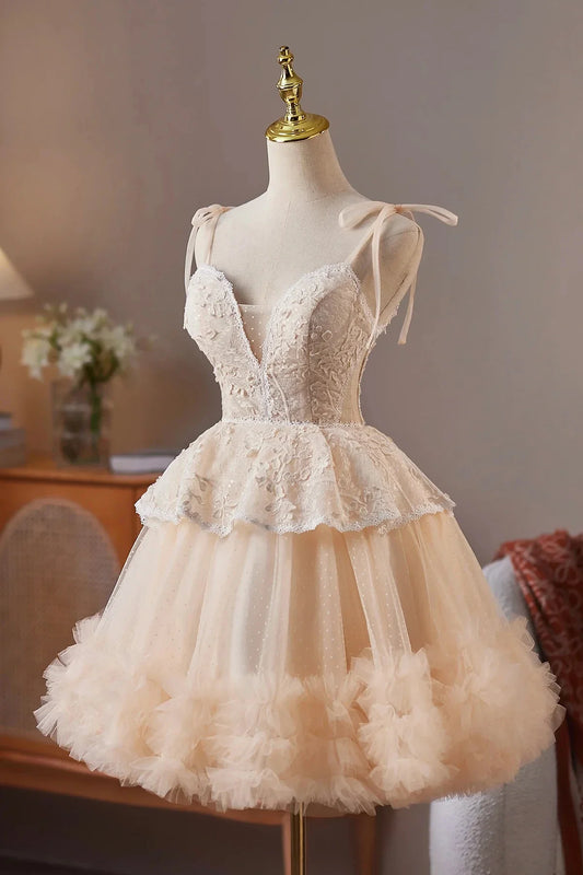 Champagne Tulle Lace Short Prom Dress Lovely A-Line Party Dress
