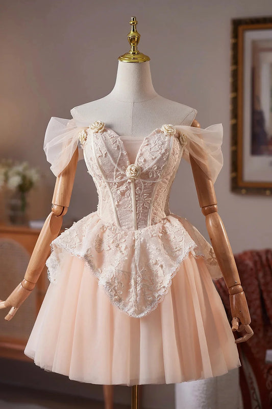 Champagne Tulle Lace Short Prom Dress Off the Shoulder A-Line Party Dress