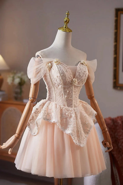 Champagne Tulle Lace Short Prom Dress Off the Shoulder A-Line Party Dress