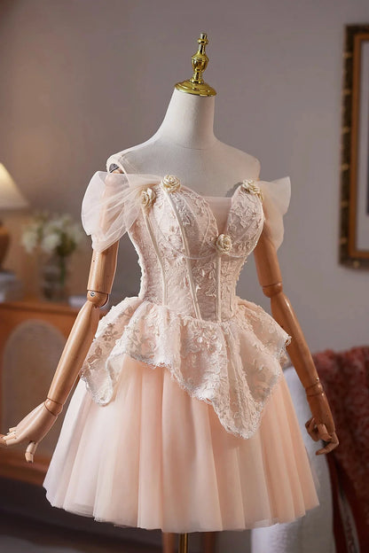 Champagne Tulle Lace Short Prom Dress Off the Shoulder A-Line Party Dress