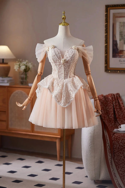 Champagne Tulle Lace Short Prom Dress Off the Shoulder A-Line Party Dress