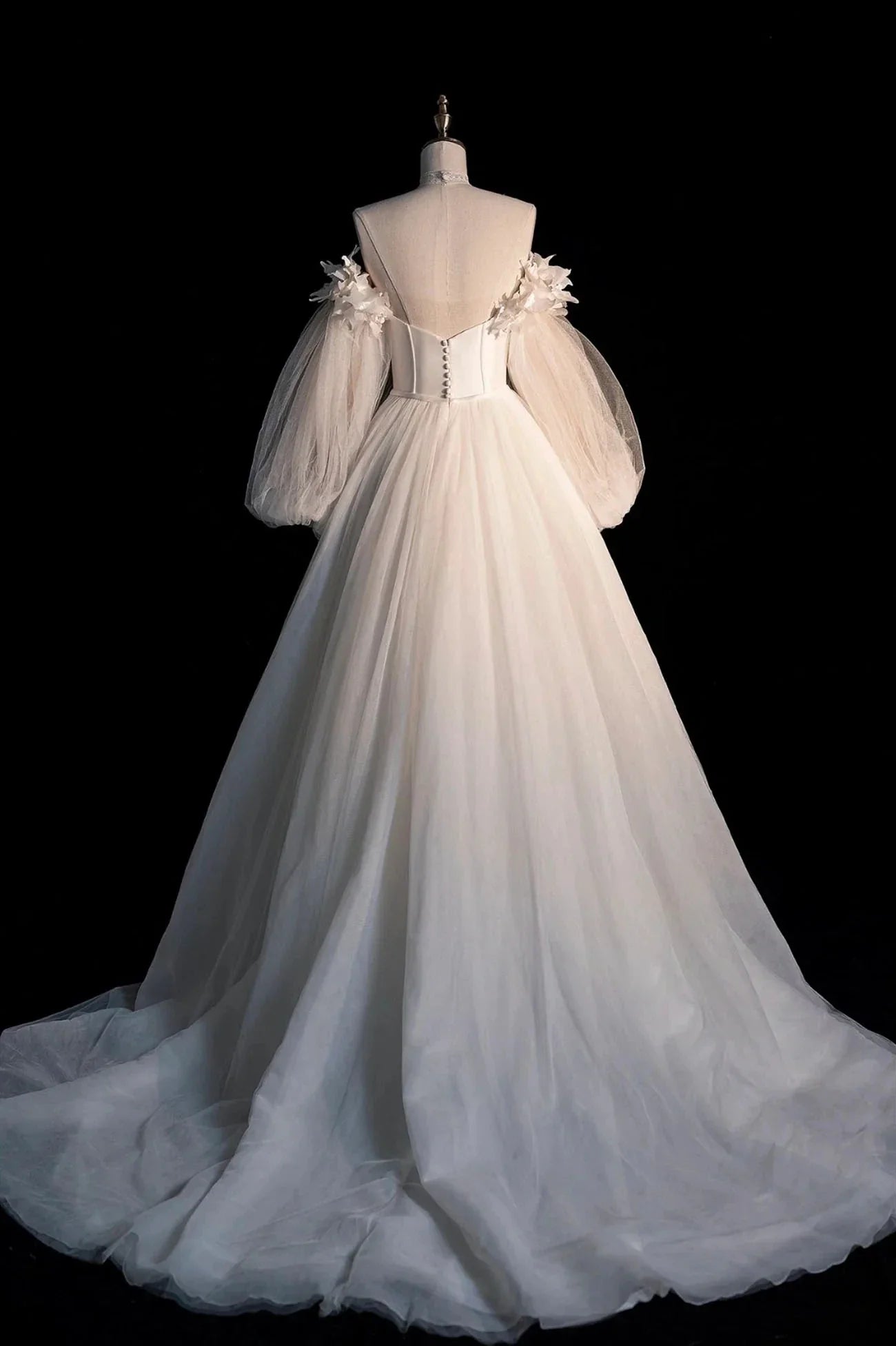 Champagne Tulle Long Sleeve Prom Dress Off the Shoulder Evening Dress
