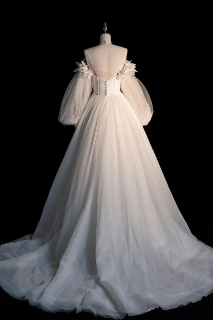Champagne Tulle Long Sleeve Prom Dress Off the Shoulder Evening Dress