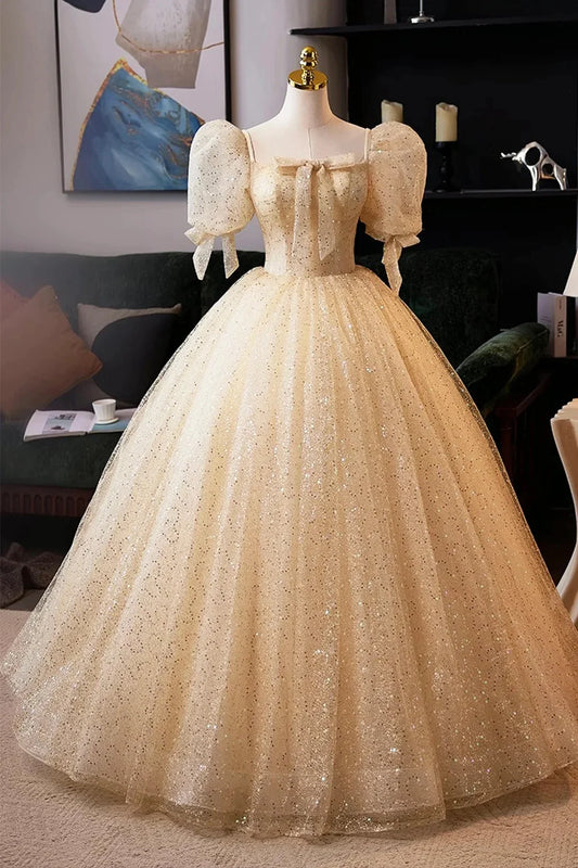 Champagne Tulle Sequins Long Prom Dress A-Line Short Sleeve Evening Party Dress