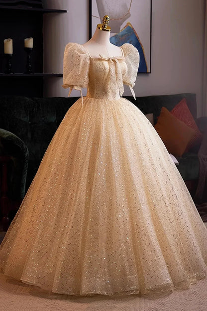 Champagne Tulle Sequins Long Prom Dress A-Line Short Sleeve Evening Party Dress