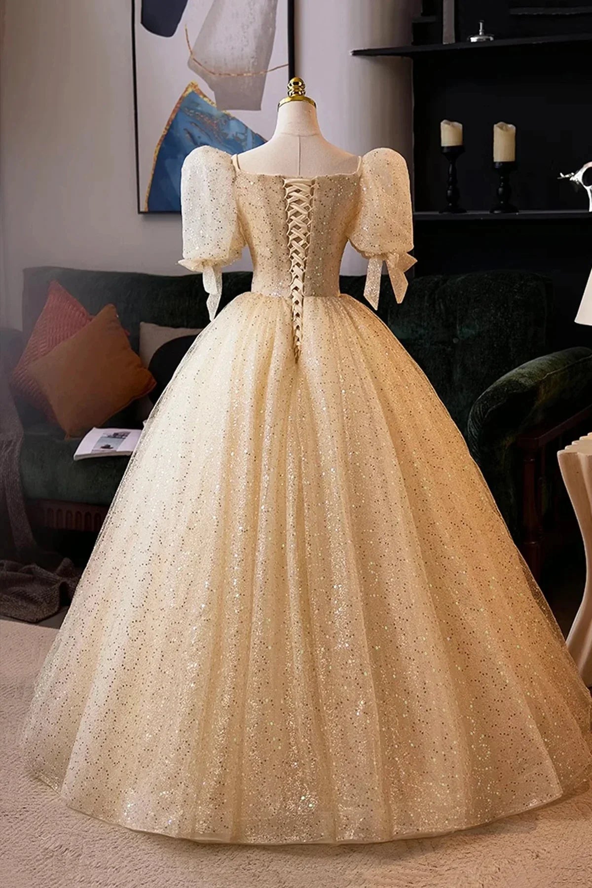 Champagne Tulle Sequins Long Prom Dress A-Line Short Sleeve Evening Party Dress