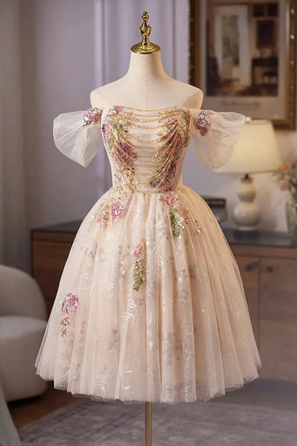 Champagne Tulle Sequins Short Prom Dress Lovely A-Line Homecoming Party Dress