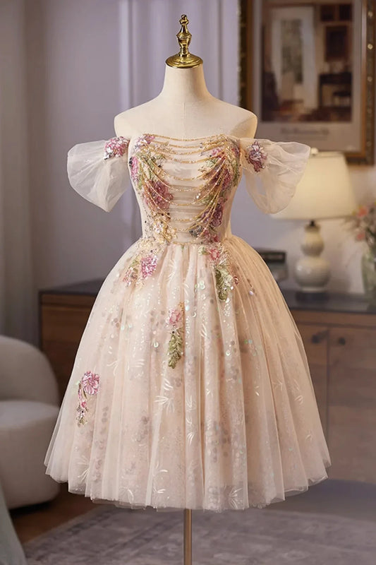 Champagne Tulle Sequins Short Prom Dress Lovely A-Line Homecoming Party Dress