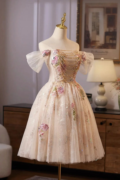 Champagne Tulle Sequins Short Prom Dress Lovely A-Line Homecoming Party Dress