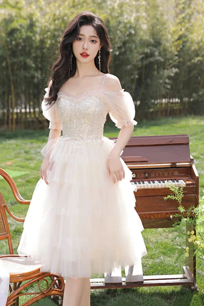 Champagne Tulle Sequins Short Prom Dress Lovely A-Line Short Sleeve Party Dress