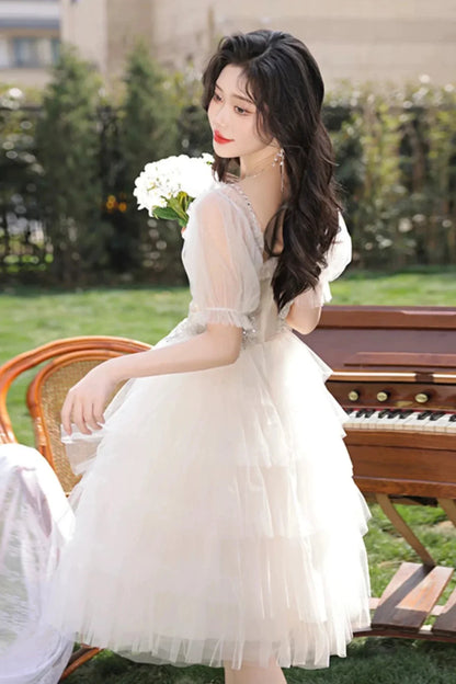 Champagne Tulle Sequins Short Prom Dress Lovely A-Line Short Sleeve Party Dress