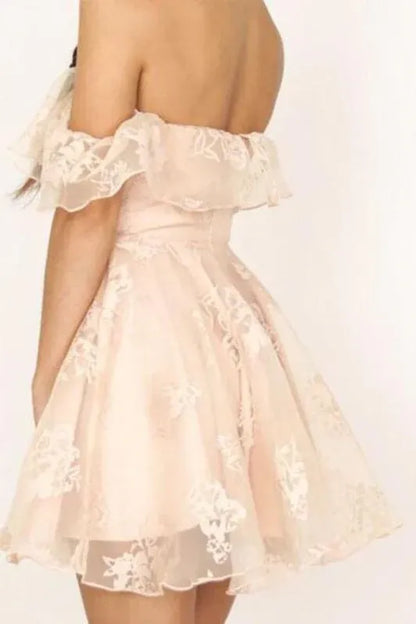 Elegant A-Line Off-Shoulder Floral Lace Ruffled Blush Mini Homecoming Dress
