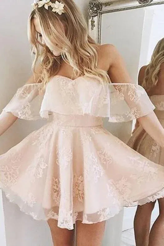 Charming A-Line Off Shoulder Floral Lace Ruffled Blush Mini Homecoming Dress