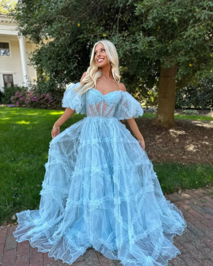 Charming A-Line Off the Shoulder Puff Sleeve Backless Floor-Length Prom Dress