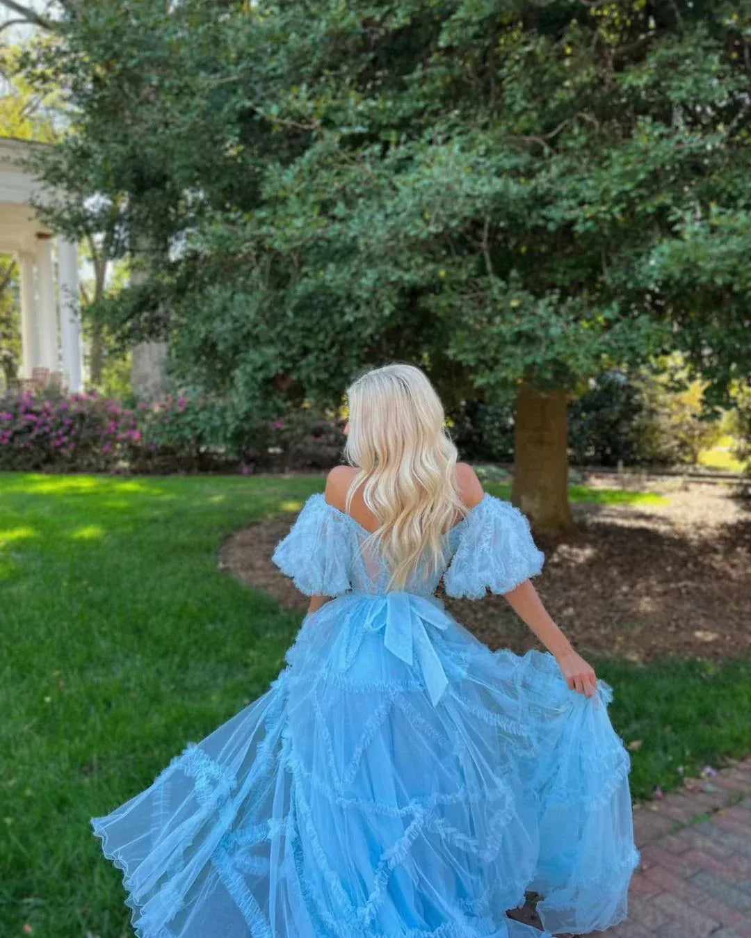 Charming A-Line Off the Shoulder Puff Sleeve Backless Floor-Length Prom Dress
