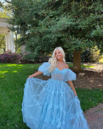 Charming A-Line Off the Shoulder Puff Sleeve Backless Floor-Length Prom Dress