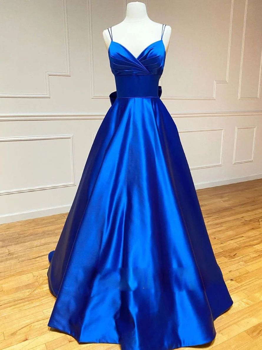 Charming A-Line Spaghetti Strap Sleeveless Backless Chapel Train Prom Dress