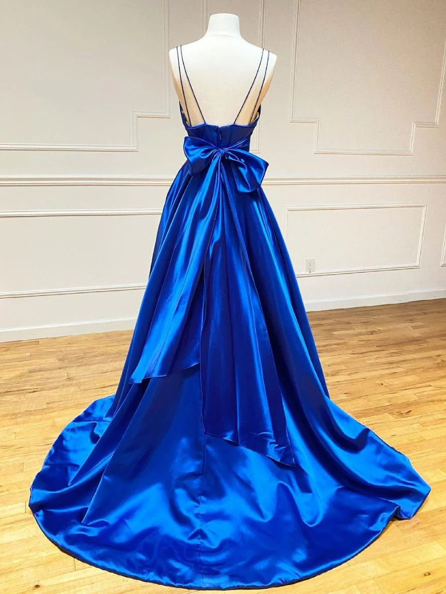 Charming A-Line Spaghetti Strap Sleeveless Backless Chapel Train Prom Dress